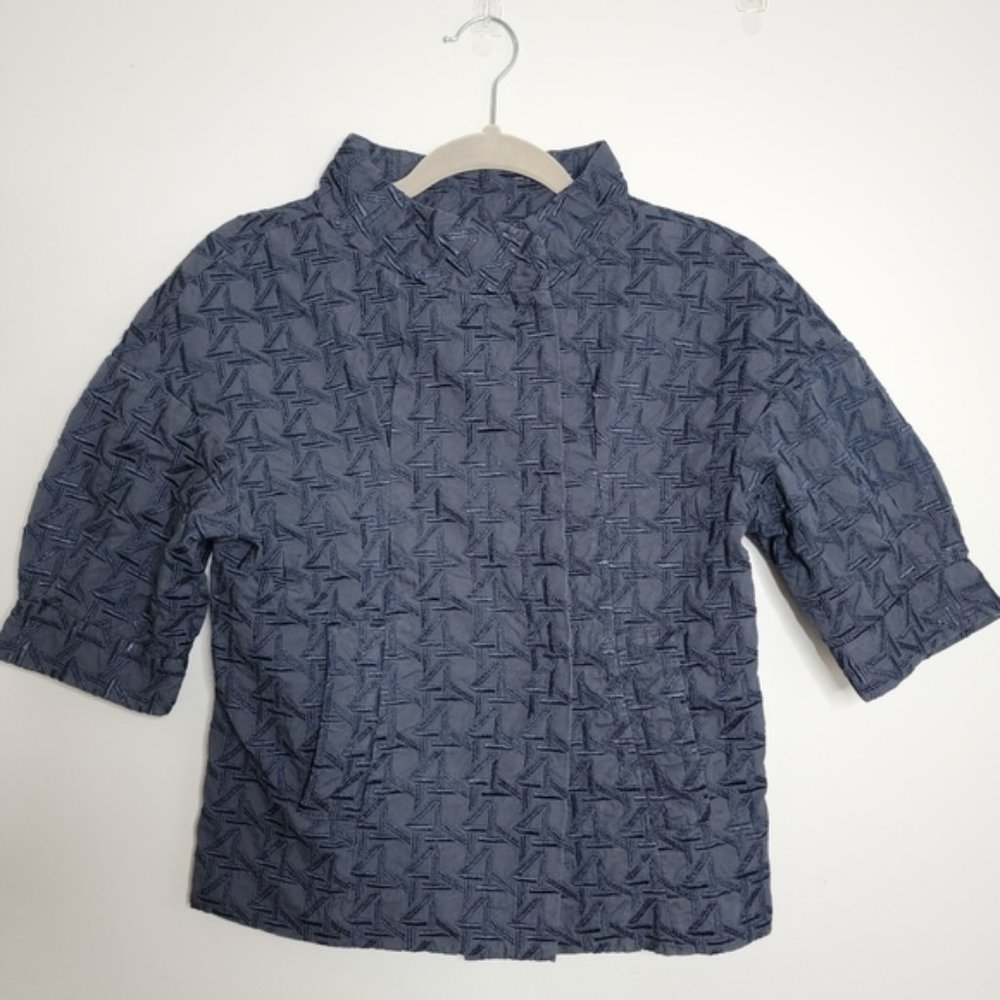 BCBG MAXAZRIA XXS Navy Blue Embroidered High Collar Button Up Shirt